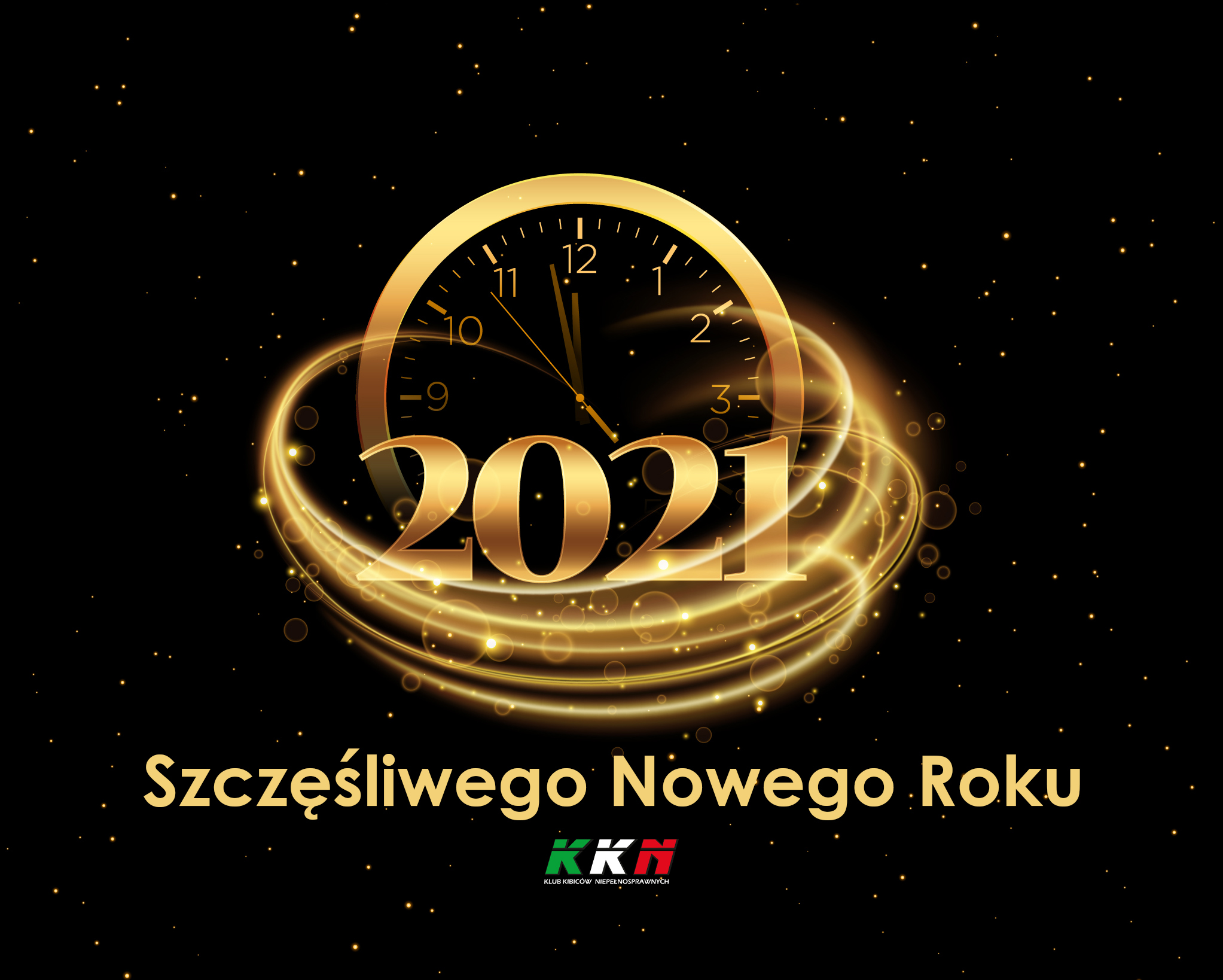 Czarne tło, złoty zegar i napisy: 2021 Szczęśliwego Nowego Roku