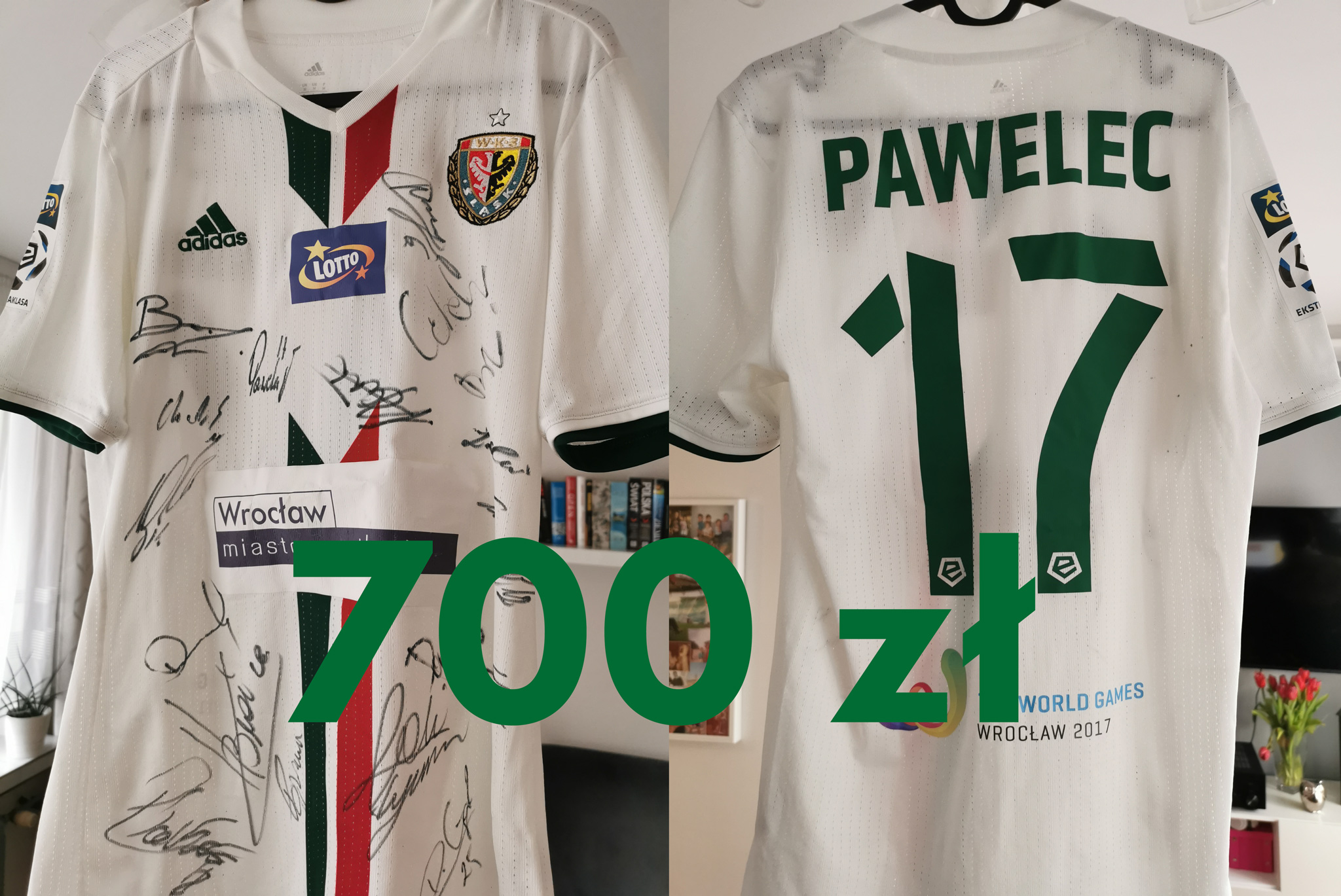 Biała koszulka, z przodu na górze po lewej stronie herb Śląska, po prawej stronie logo addas, na czarno autografy piłkarzy. Tył koszulki Pawelec 17