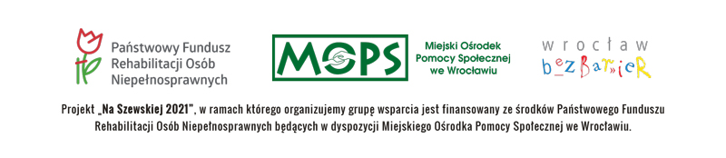 Logotypy projektu Na Szewskiej - PFRON, MOPS Wrocław i Wrocław bez barier